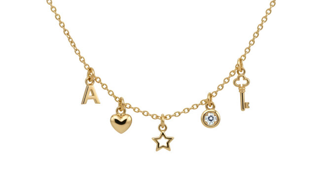 Elegant gold charm necklace with letter a heart star key isolated on transparent background - Powered by Adobe