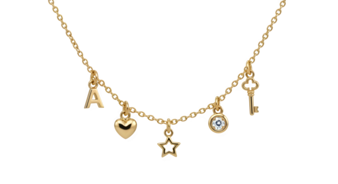Elegant gold charm necklace with letter a heart star key isolated on transparent background