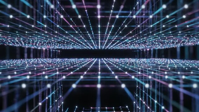 Extremely slow motion close up of a deep spatial data grid network structure expanding and contracting with rhythmic pulsating points of light abstract network, network structure, corporate