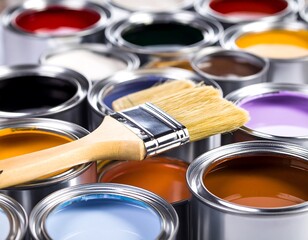 Colorful paint cans with a brush offering a vibrant palette for creative projects