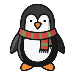 Obraz premium Cute cartoon penguin wearing a festive red and green striped scarf.