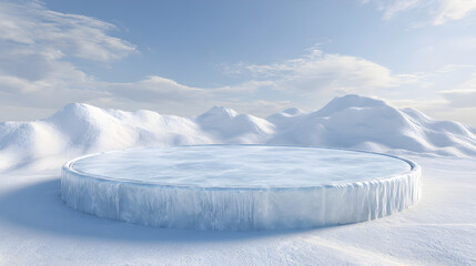 Ice pedestal in snowy winter mountain landscape display