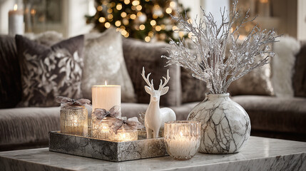 Wide festive photo with tree, marble nesting tables with ribboned jars, white reindeer and candle by a textured sofa, elegant Christmas styling.