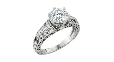 Elegant diamond engagement ring with intricate filigree design isolated on transparent background
