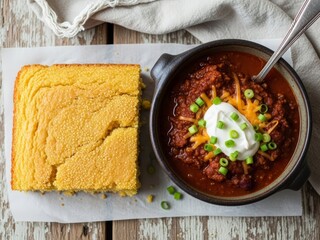 A hearty bowl of chili topped with cheese and sour cream, served with a side of golden cornbread on a rustic wooden table.
