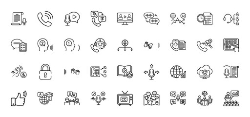 Translation and communication line icon set. Vector pictograms of interpreter, voice recognition, sign language, transcription, subtitles, thin linear illustration.