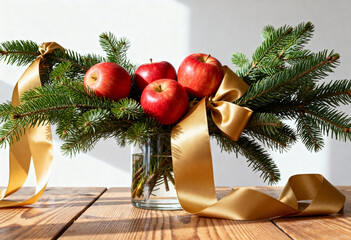 Christmas centerpiece with red apples and fir branches in a glass vase. Festive holiday decoration with gold ribbon on a wooden table
