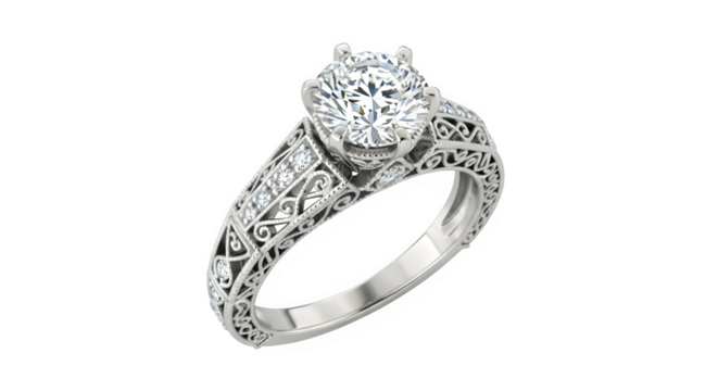Elegant diamond engagement ring with intricate filigree design isolated on transparent background