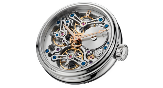 Exquisite skeleton watch movement close up isolated on transparent background intricate timepiece design