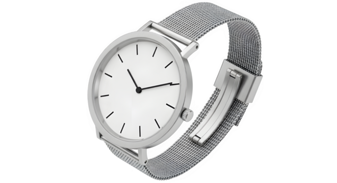Elegant silver wristwatch with white face isolated on transparent background