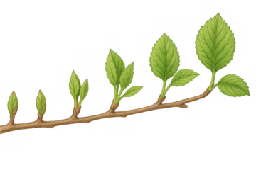 Plant branch growing sequence showing budding leaves in spring, developing from small sprouts to full foliage