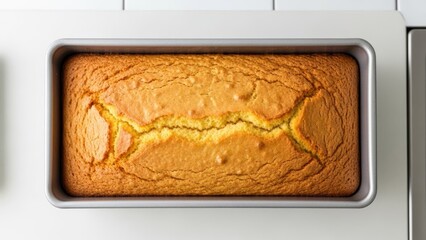A freshly baked golden loaf of bread sits in a rectangular baking pan on a white surface.