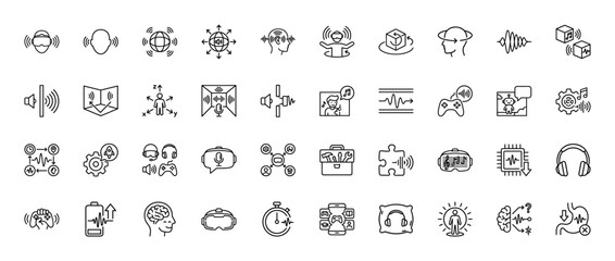 Virtual reality and audio tech line icon set. Vector pictograms of vr headset, 360 view, spatial audio, gamepad, smart brain, headphones. Thin linear illustration.