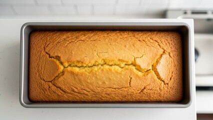 A freshly baked golden loaf cake with a crack on top, cooling in a metal pan on a kitchen counter.