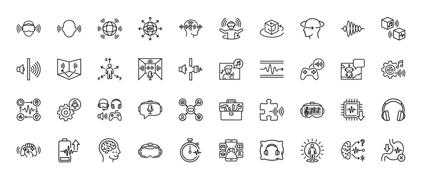 Virtual reality and audio tech line icon set. Vector pictograms of vr headset, 360 view, spatial audio, gamepad, smart brain, headphones. Thin linear illustration.
