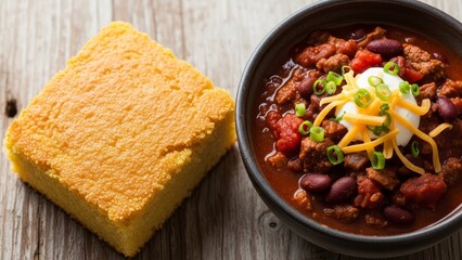 A hearty bowl of beef and bean chili topped with cheese and sour cream, served with a side of cornbread on a wooden table.
