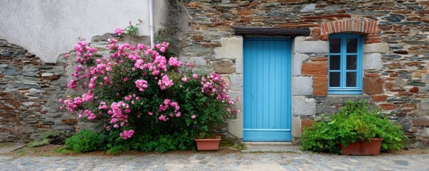 Charming blue door with vibrant pink roses in quaint rustic setting