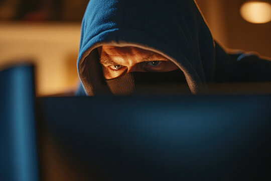hacker in hoodie looking at computer screen, eyes focused. A hooded figure stares intently at a computer screen, possibly engaged in illicit activities or data analysis.