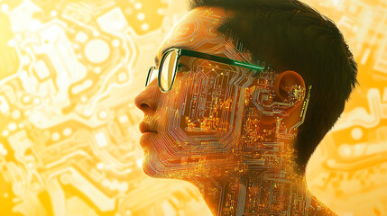 Skin pattern resembling circuit boards merging with biological tissue 