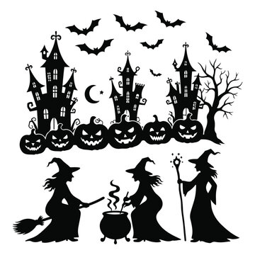 Ultimate Halloween Silhouette Collection Witches, Jack-o'-Lanterns, Bats, aur Haunted Castles Ke Full Body Poses Mein Spooky Vector Art