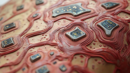 Skin pattern resembling circuit boards merging with biological tissue 
