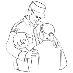 Happy man, child, woman hugging when they meet. Reunion day concept. Single minimal drawing. Vector art. Thank You Veterans Tribute. Сontinuous one line illustration. Soldier reuniting with family.