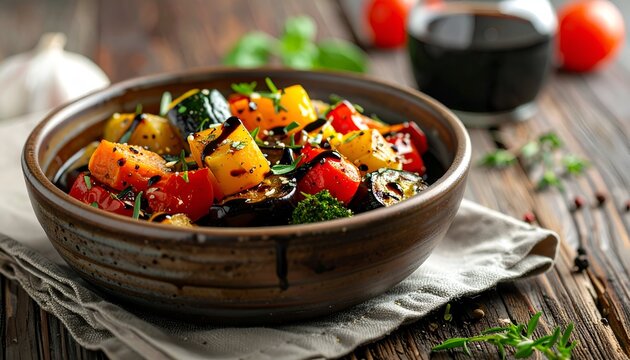 Colorful vegetable ratatouille served in a bowl with tomatoes and herbs