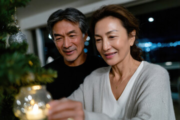 A couple delights in decorating their Christmas tree together, enjoying the warmth of the holiday season and capturing the essence of love and shared traditions during festive times.
