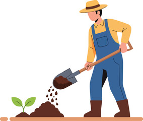 Farmer in overalls adding soil to a growing seedling with a shovel