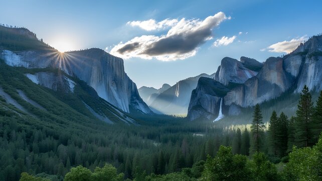 Landscape view of yosemite valley with sunburst, clouds, and forest scenery - Powered by Adobe