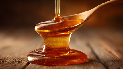 Golden honey pouring from spoon on rustic wood