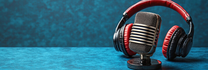 Retro mic and red headphones on blue background Generative AI