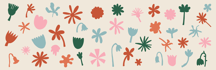 Obraz premium Neutral Beige Simple Minimalistic Floral Flower Doodle natural elements designs botanical plants, stem, buds vector set collection. 