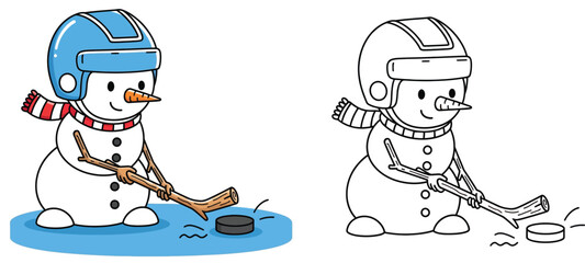 Cartoon snowman playing ice hockey vector illustration. Coloring book page for kids showing colored and outline versions of a winter character with helmet and stick hitting a puck.