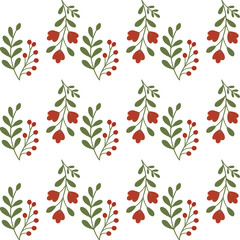 Beautiful red florals seamless pattern on white background with green leaves and lovely flowers and fruits.