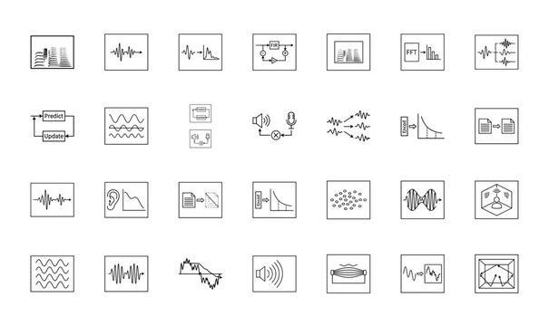 Audio technology line icon set. Vector pictograms of waveform, spectrogram, equalizer, acoustics, signal processing, noise cancellation, thin linear illustration.