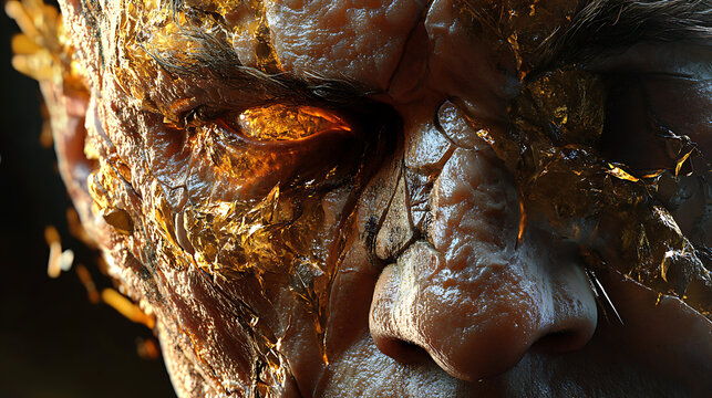 Sharp detail of skin transforming into crystalline textures on mutated human 
