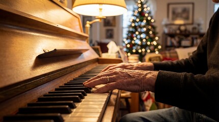 Close up elderly hands playing wooden piano. Warm lighting with blurred Christmas tree creates nostalgic holiday mood. Perfect for holiday family music themes.