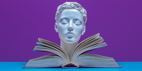 Mannequin head holds open book on blue surface with purple background Generative AI