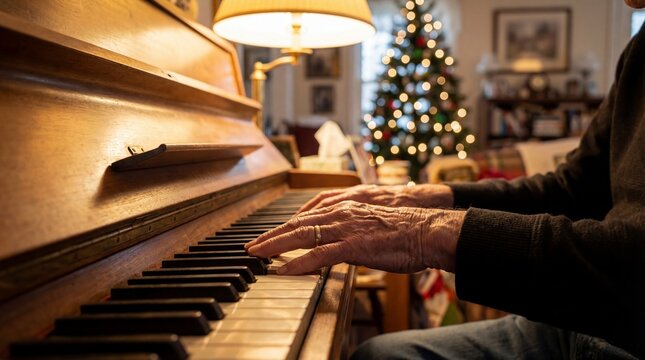 Close up elderly hands playing wooden piano. Warm lighting with blurred Christmas tree creates nostalgic holiday mood. Perfect for holiday family music themes.