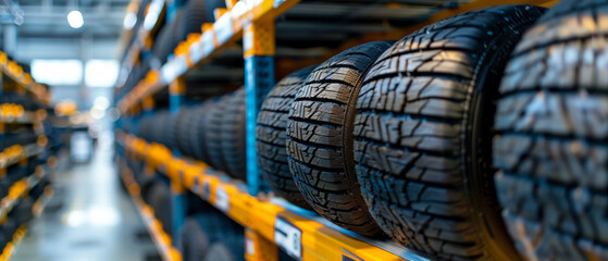 New car tyres are neatly stacked on metal racks, ready for sale, highlighting the industrial power of production and logistics, ideal for atmospheric backgrounds in advertisements for auto parts 