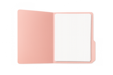 Open pink folder containing blank white papers, conceptualizing organization, documentation, and office supplies