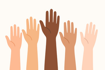 Hands Raised in Unity: A diverse ensemble of hands, each bearing unique skin tones, reach upwards in a gesture of solidarity, cooperation, and shared ambition.