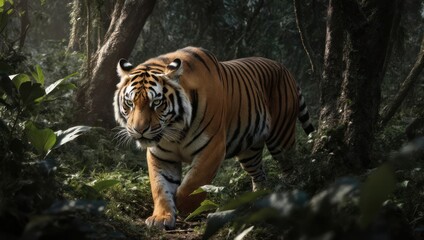 Obraz premium Majestic Bengal Tiger Strolling Through Dense Tropical Jungle.