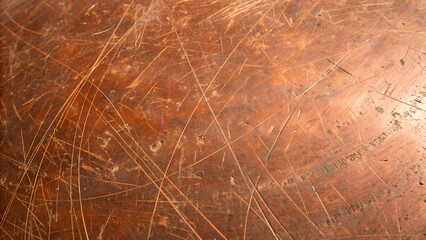Detailed view of a scratched copper sheet, showcasing the intricate patterns and textures created by the abrasions, ideal for backgrounds