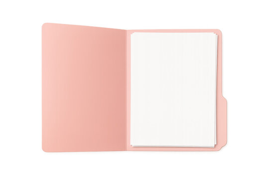 Open pink folder containing blank white papers, conceptualizing organization, documentation, and office supplies