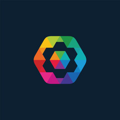 Vibrant abstract geometric hexagon logo icon displaying a spectrum of colors, with an intricate inner polygonal structure, symbolizing modern connectivity, creative diversity, and dynamic design