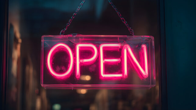 Pink neon open sign reflecting on shop window