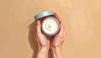 Elegant hands holding luxurious face cream for radiant skin, a moment of self-care and beauty in a minimalist setting, ideal for wellness campaigns