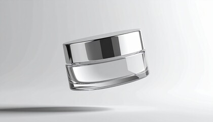 Sleek skincare jar with chrome lid floats elegantly in clean studio shot, perfect for showcasing luxury beauty products and minimalist brand aesthetics